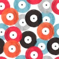 Seamless abstract retro musical pattern with colorful vinyl records