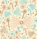 Seamless abstract romantic pattern. Cute lace background with hearts, angel wings, lollipops, sugarplums and flaff Royalty Free Stock Photo