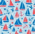 Seamless abstract sea background. Sailboats on a waves. Vector wavy striped pattern. Royalty Free Stock Photo