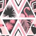 Seamless abstract tropical pattern. Vector trendy background with flamingo, palm leaves