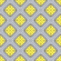Seamless abstract vector background. A pattern of yellow squares, white and black curly lines on a gray background Royalty Free Stock Photo