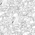 Seamless abstract vector doodle background, summer cartoon wallpaper. Comic pattern. Anti stress coloring book page for