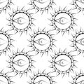 Seamless abstract vector pattern with sun with eyes. Symmetrical black and white background