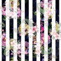 Seamless Abstract Watercolor digital flower and paisley  pattern on stripes  background Royalty Free Stock Photo