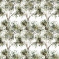 Seamless abstract watercolor pattern with olive tree on a white background. Fabric, wrapping paper. Generative AI Royalty Free Stock Photo