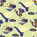 Seamless acid pattern. Cartoon texture with bright yellow mushrooms on a green background for print, packaging, paper, textile
