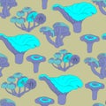 Seamless acidic background with forest mushrooms, toadstools. Hallucinogenic purple mushrooms on a beige background for printing,