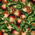 Seamless acrylic botanical pattern with fruits and leaves composition on black background. Peach branches. Perfect for wrappers,