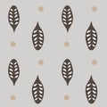 Seamless aesthetic pattern with hand drawn abstract leaves and shapes on grey background. Vector EPS illustration.