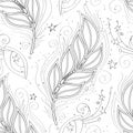 Seamless Aesthetic Pattern with Mystical Cosmic Feather on White