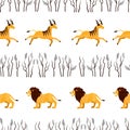 Seamless Africa pattern with cute lion and antelopes.