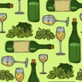 Seamless alcoholic pattern with bottles and glasses of wine. Grape drinks on a colored background. Suitable for printed