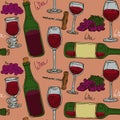Seamless alcoholic pattern with bottles and glasses of wine. Grape drinks on a colored background. Suitable for printed