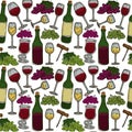 Seamless alcoholic pattern with bottles and glasses of wine. Grape drinks on a transparent background. Suitable for