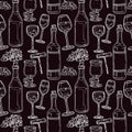 Seamless alcoholic pattern with the outline of bottles and glasses of wine on a dark background. Suitable for printed