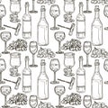 Seamless alcoholic pattern with the outline of bottles and glasses of wine on a transparent background. Suitable for