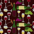 Seamless alcoholic pattern with stained bottles and wine glasses on a dark background. Suitable for printed products on