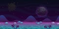 Seamless alien landscape view. Fantasy cartoon background with slimy ground, bubbles, unusual planets and hills.