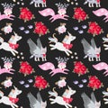 Seamless animal pattern for children. Unicorns, winged kittens and funny horned foxes, flowers and birds isolated on black