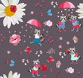 Seamless animal pattern with cute cartoon raccoons, butterflies, sun in shape of daisy flower, roses, leaves and hearts. Vector