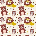 Seamless animal pattern. Cute teddy bear, lion and hedgehog. Forest dwellers. Cartoon vector print for children`s clothes,