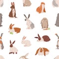 Seamless animal pattern with different cute rabbits and hares on white background. Endless repeatable texture with