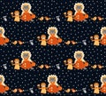 Seamless animal pattern with funny kitten, cat, birds and mouses on polka dot background.