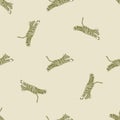 Seamless animal pattern in minimalistic style with wild jumping tiger ornament. Light beige background