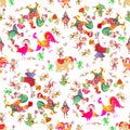 Seamless animal print for children with cock and chicken, elephant, funny crocodile, monkey, birds, cat and kitten, Sirin bird