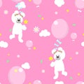 Seamless animal wildlife cute white teddy bear holding balloon,flower and star in the sky repeat pattern in pink background