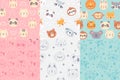 Seamless animals faces pattern. Cute animal heads, hand drawn zoo animals portraits patterns for kids vector