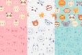 Seamless animals faces pattern. Cute animal heads, hand drawn zoo animals portraits patterns for kids vector illustration set Royalty Free Stock Photo