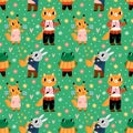Seamless animals musicians. Cartoon forest characters play musical instruments. Cute zoo orchestra. Hare saxophonist and