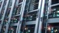 Seamless animation of camera moving through data center with rows of server equipment in a large room. Close-up view of computer