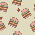 Seamless appetizing pattern. Hot juicy burgers and cheeseburgers. Background for wrapping paper. Bold stroke, muted colors. Fast