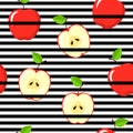 Seamless apple pattern on black and white stripes. Vintage fruits background