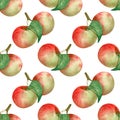 Seamless apples pattern. Watercolor background with fruits on branch for thanksgiving day decor and fabric