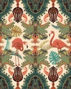 Seamless arabian pattern. Ethnic ornamental wallpaper. Colorful decorative backdrop with ornaments, plants and flamingos