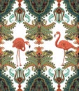 Seamless arabian pattern. Ethnic ornamental wallpaper. Colorful decorative backdrop with ornaments, plants and flamingos