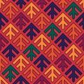 Seamless arrows pattern. Repeated stylized trees background. Squama ornament. Scales image. Ancient window tracery motif. Ethnic