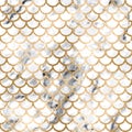 Seamless art deco geometric pattern with gold lines and gray marble scales