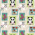 Seamless asia panda bear kids patchwork design background patter