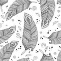 Seamless asian ethnic floral retro doodle background pattern in vector with feathers. Royalty Free Stock Photo