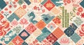Asian Patchwork Seamless Pattern Dragon Lotus Bamboo Floral Graphic Design Decoration Repeat Print Wallpaper Teal Beige Royalty Free Stock Photo