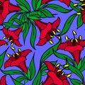 seamless asymmetric graphic pattern of red flowers on a blue background, texter Royalty Free Stock Photo