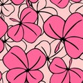 seamless asymmetric pattern of clover leaves in pink colors and black contouros