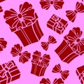 seamless asymmetric pattern of red gift boxes on a pink background, texture