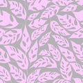 seamless asymmetric repeating pattern of pink leaves on a gray background