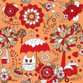 Seamless autumn background with cartoon cat, umbrella, tree and