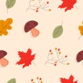 Seamless autumn background with leaves, mushrooms and rowan. Royalty Free Stock Photo